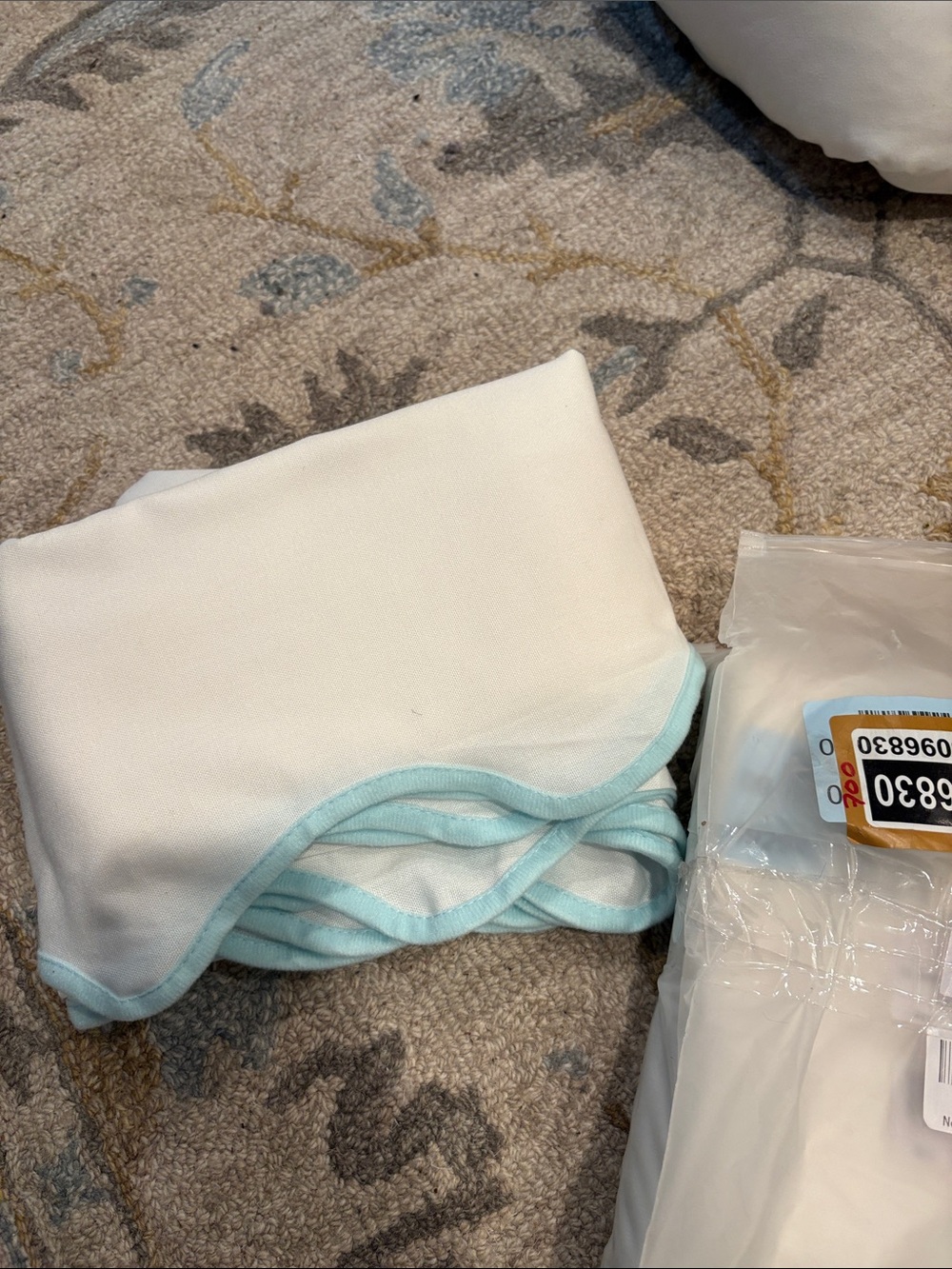 Lush White with blue scallop trim curtain panel (2 panels) 53x84